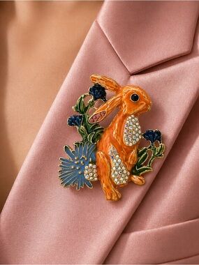 Orange Crystal Bunny Brooch with Blue Flower Accents